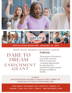 2021 Dare to Dream Enrichment Grant Application @ Front Royal Women’s Resource Center